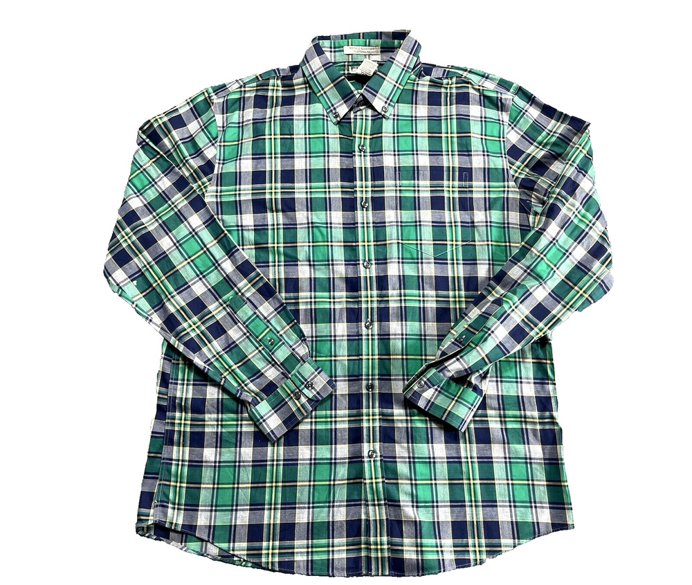 LL Bean Mens Button Down Shirt MultiColor Plaid Long Sleeve Wrinkle Free Large
